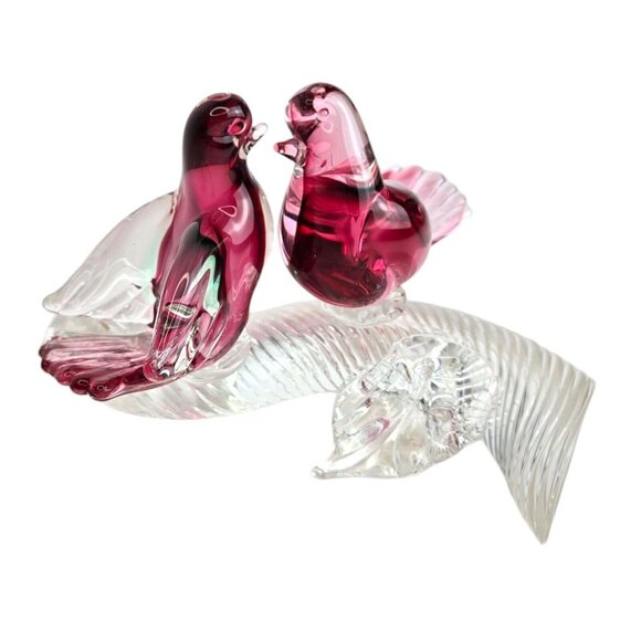 Murano Somerso Oball Art Glass Birds On Branch Clear W/red/green Interior Signed - Picture 3 of 14